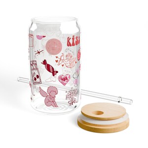 Girls&#39; Girl Sipper Glass 16oz Pink Cupid Hearts Iced Coffee Cup with Bamboo Lid 16oz