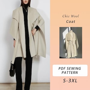 Chic Wollmantel PDF Schnittmuster, Damen Wollmantel, Mantel Schnittmuster, Schnittmuster Jacke, Grössen S-3XL, schriftliche Anleitung