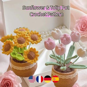 Patron au crochet pour pots de tournesols et de tulipes PDF | Motif de pot de fleur Amigurumi | Fleurs au crochet faites maison en plusieurs langues | Téléchargement numérique instantané