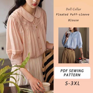Damen Bluse mit Puppenkragen und plissierten Puffärmeln PDF Schnittmuster, Damen Top Schnittmuster, entspanntes Shirt, Größen S-3XL, digitaler Download