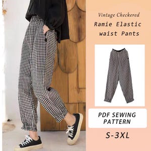 pantalon taille élastique ramie damier vintage patron de couture PDF, tailles S-3XL, téléchargement immédiat, guide du modèle