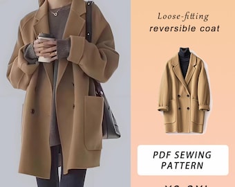 Loose Fit Womens Coat PDF Sewing Pattern, Reversible Coat, Outer Wear, Coat Pattern, Sizes XS-3XL, Written Instruction