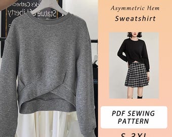 Asymmetric Hem Sweatshirt PDF Sewing Pattern, Sweatshirt Pattern, Womens Top, Sizes S-3XL, Instant Download, Guide on Pattern