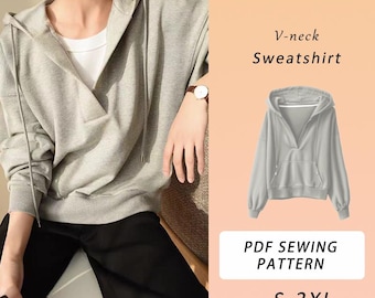 Women&#39;s V Neck Sweatshirt PDF Sewing Pattern, Loose Fit Jacket, Sweatshirt Pattern, Jacket Pattern, Sizes S-3XL, Written Instruction