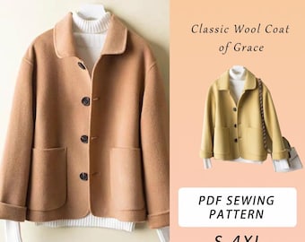 Classic Wool Coat PDF Sewing Pattern, Classic Wool Coat, Women&#39;s Coat, Coat Pattern, Jacket Pattern, Sizes S-4XL, Written Instruction