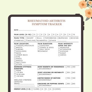 May include: A white and black printable rheumatoid arthritis symptom tracker with checkboxes and a scale to track pain level, duration, intensity, stiffness, joint warmth, locking, limited range of motion, cracking or popping joints, energy level, fatigue severity, sleep quality, and hours of sleep. The tracker also asks if the user woke up due to pain.