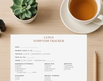 May include: A black and white printable Lupus Symptom Tracker checklist. The checklist includes sections for energy level, fatigue, pain, fever, morning stiffness, brain fog, appetite, weight change, joint pain location, joint swelling, muscle aches or weakness, numbness or tingling, hair loss or thinning, itching or hives, mouth or nasal ulcers, abdominal discomfort or pain, and urinary changes.
