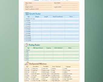 Regalo per baby shower: registro stampabile delle tappe di crescita e dell'alimentazione del bambino, da neonato a bambino piccolo, diario del bambino modificabile in PDF.