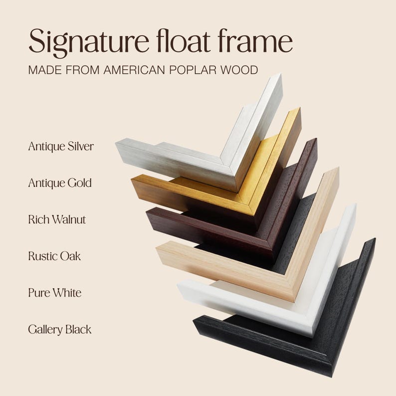 May include: A selection of Signature float frame corners in various colors, including Antique Silver, Antique Gold, Rich Walnut, Rustic Oak, Pure White, and Gallery Black. The frames are made from American poplar wood. Text on the image reads "Signature float frame".