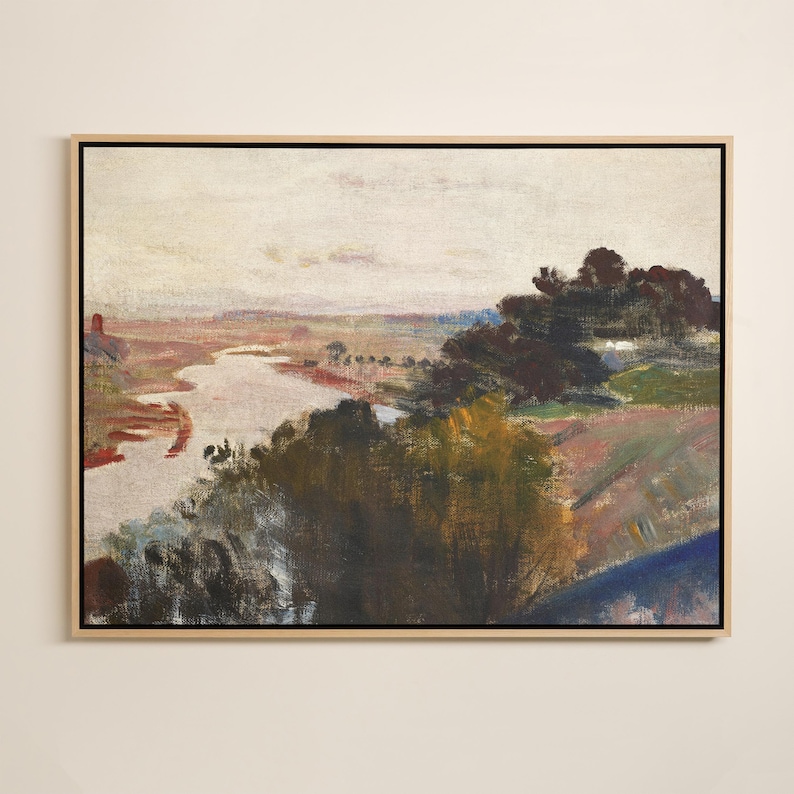 May include: An oil painting depicting a landscape with a river. The artwork uses a muted colour palette with shades of brown, green, and blue. The painting is framed in a light-coloured wooden frame.