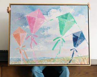 Child Flying Kite Canvas Print | Childhood Scene Art Nostalgic Outdoor Statement Framed