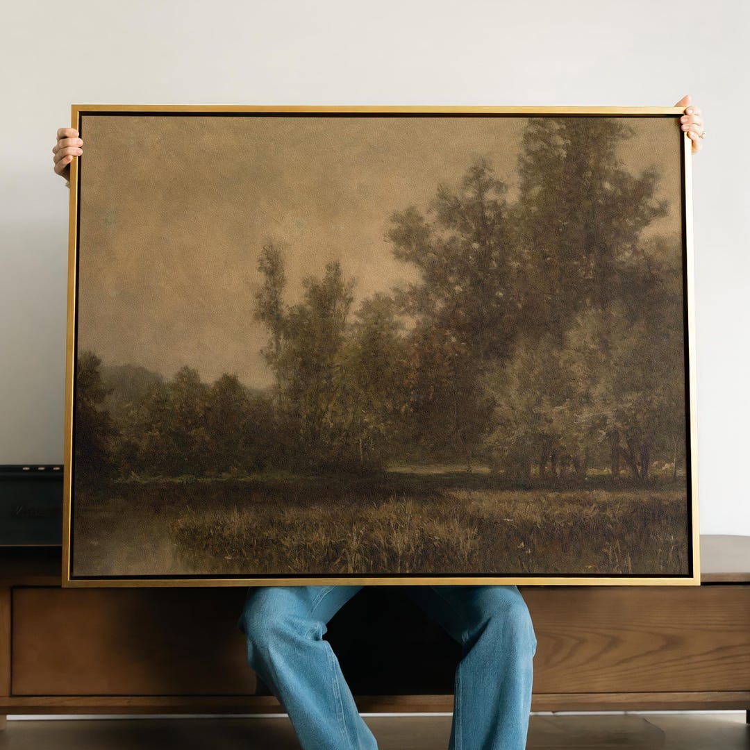 River Landscape Canvas Print Art | Moody Forest Lake Painting Rustic ...