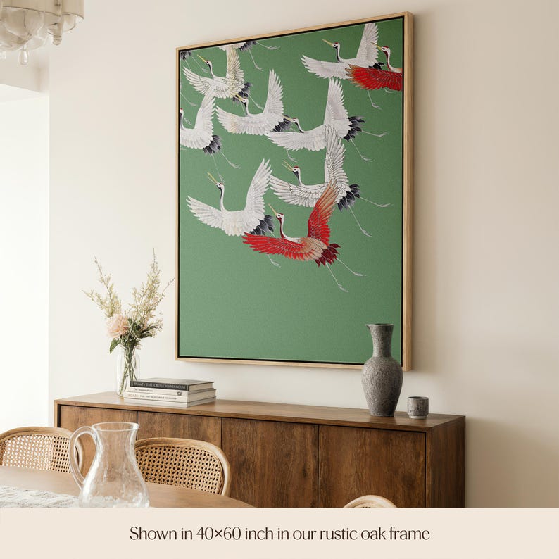 Green Crane Birds Canvas Print Art | Japanese Style Flying Herons ...