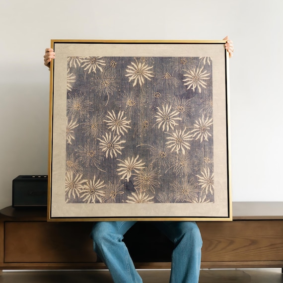 Indigo Floral Pattern Canvas Print Art | Vintage Botanical Textile Design Extra Large Framed
