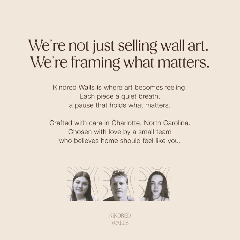 May include: An advertisement for Kindred Walls, with the text "We're not just selling wall art. We're framing what matters." The image includes a photo of three people and the company's name, promoting wall art.