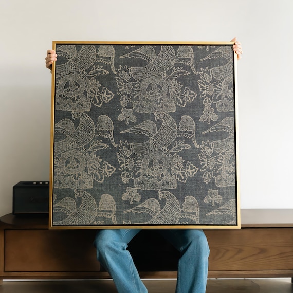 Bird Pattern Canvas Print Art | Vintage Textile Style Folk Design Extra Large Framed