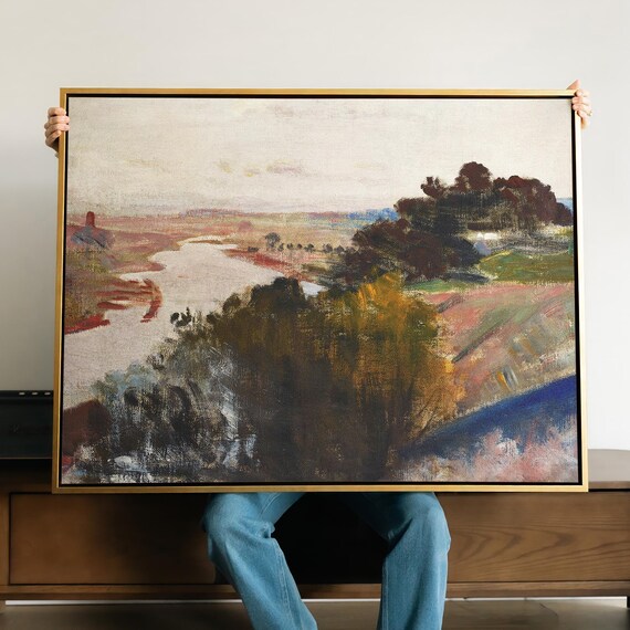 River Landscape Art Canvas Print | Impressionist Country Valley Wall Art, Large Framed