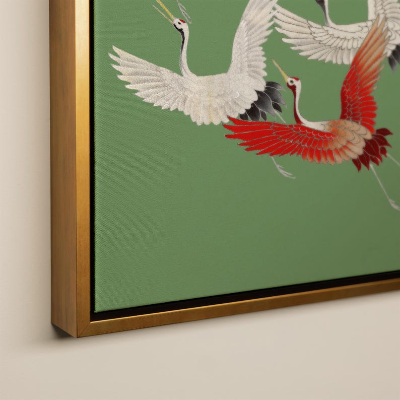 Green Crane Birds Canvas Print Art | Japanese Style Flying Herons ...
