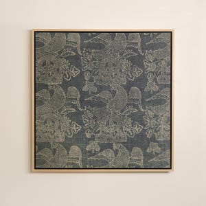 May include: Framed artwork featuring a repeating pattern of birds and floral elements in a muted color palette. The birds are depicted with detailed wings and perched on stylized floral arrangements. The background is a dark blue-gray.