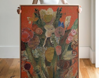 Wildflower Bouquet Canvas Print | Vintage Red Floral Still Life Art Large Framed