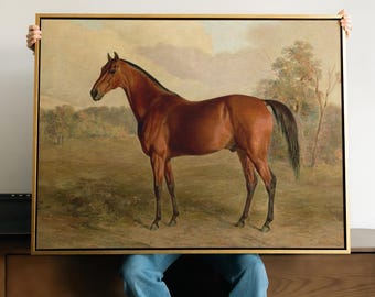 May include: A framed art print featuring a brown horse in a field. The horse has a black mane and tail, and is standing in a grassy area with trees in the background. The artwork is in a gold frame.