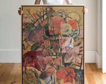Abstract Floral Botanical Canvas Print | Cubist Leaves Roses Terracotta Wall Art Large Framed