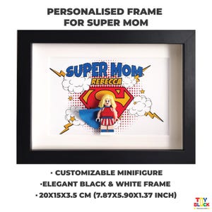 Personalisierter Supermom-Rahmen, benutzerdefinierte Minifigur-Geschenk für Mama, einzigartiges Muttertags- oder Geburtstagsgeschenk, Superhelden-Anzeigen-Andenken