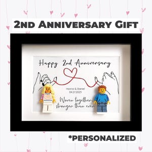 Op de afbeelding: Ingelijst 2e verjaardagscadeau in een zwart frame. Het kunstwerk toont een hartvormig ontwerp met twee Lego-figuren en de tekst "Happy 2nd Anniversary". De namen "Hanna & Daniel" en de datum "04.27.2023" zijn ook aanwezig.