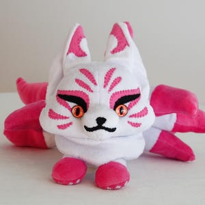 Handmade Kitsune Plush Toy: Nine-Tailed Fox, Pink Accents