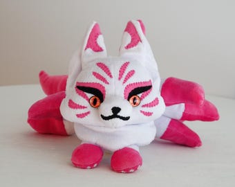 Handmade Kitsune Plush Toy: Nine-Tailed Fox, Pink Accents