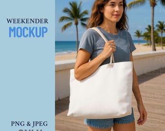 Weekender Tote Bag Mockup PNG & JPEG File Digital Overlay Beach Tote Design Canvas Customizable Travel Tote Canva Mockup