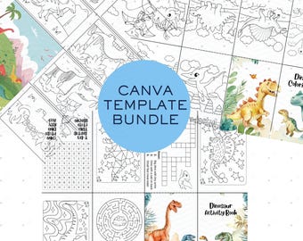 Puede incluir: Un paquete de plantillas de libro de actividades de dinosaurios imprimibles para Canva. El paquete incluye páginas para colorear, un laberinto, una búsqueda de palabras, un juego de unir los puntos y un crucigrama. Las páginas son en blanco y negro con una ilustración de dinosaurio de acuarela en la portada.