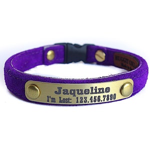 This is a personalized all suede and lined in suede cat collar. Custom made for cats as well as kittens. Non adjustable so follow measuring advise. Engraved lightweght aluminum plate displays your info crisp and easy to read. www.ruggitcollars.com