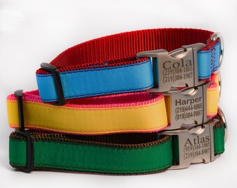 Personalized Adjustable Dog Collar. Laser Engraved Aluminum Buckle. Customize your Colors of Nylon and Ribbon a by Ruggit Collar