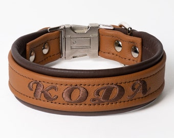 Leather Dog Collar Personalized Padded Lining One and Half Inch (1.5 inch) Wide Tapered down to one inch side release buckle