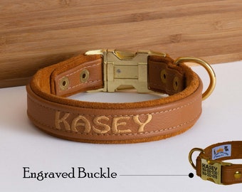 Personalized Leather Dog Collar with Customized  Embroidered Name also Laser Engraved Metal Buckle Comes 5/8" 3/4" and 1" Collar Widths