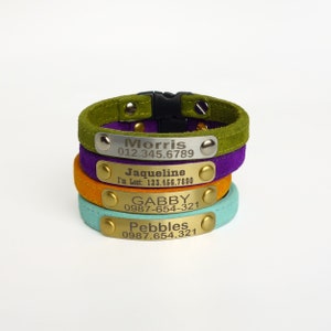 This is a personalized all suede and lined in suede cat collar. Custom made for cats as well as kittens. Non adjustable so follow measuring advise. Engraved lightweght aluminum plate displays your info crisp and easy to read. www.ruggitcollars.com