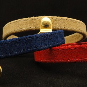 This is a personalized all suede and lined in suede cat collar. Custom made for cats as well as kittens. Non adjustable so follow measuring advise. Engraved lightweght aluminum plate displays your info crisp and easy to read. www.ruggitcollars.com