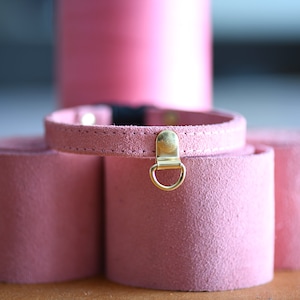 This is a all suede and lined in suede cat collar. Custom sized  for cats as well as kittens. Non adjustable so follow measuring advise.  Comes with ring to hang your 
tag. www.ruggitcollars.com