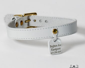 Verstelbare 5/8" breedte Kat Hond Huisdier Halsband Gepersonaliseerde Tag Wit Leer Gevoerd Wit Suede