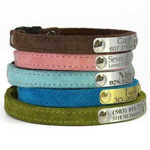 This is a personalized all suede and lined in suede cat collar. Custom made for cats as well as kittens. Non adjustable so follow measuring advise. Engraved lightweght aluminum plate displays your info crisp and easy to read. www.ruggitcollars.com