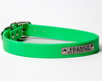Water Proof Adjustable Personalized Dog Collar in Green Orange or White. One inch width.