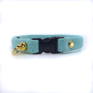 This is a personalized all suede and lined in suede cat collar. Custom made for cats as well as kittens. Non adjustable so follow measuring advise. Engraved lightweght aluminum plate displays your info crisp and easy to read. www.ruggitcollars.com