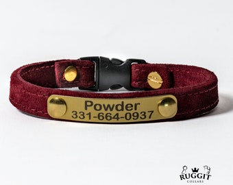 Personalized Suede Cat Collar buffed soft with Breakaway Buckle Lightweight engraved plate with ring for your current tags by Ruggit Collars