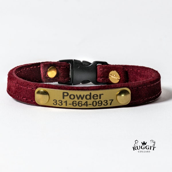 Personalized Suede Cat Collar buffed soft with Breakaway Buckle Lightweight engraved plate with ring for your current tags by Ruggit Collars