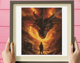 Motif point de croix fantaisie terre, motif point de croix Dragon, Bilbo & Smaug motif point de croix, téléchargement immédiat