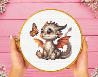 Baby Dragon Cross Stitch Pattern, Butterfly Cross Stitch Pattern, instant download