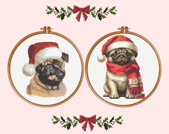 May include: Two circular wooden embroidery hoops containing cross-stitch patterns of pugs. The left pug wears a red and white Santa hat. The right pug wears a red and white Santa hat and a red scarf. Decorative holly and red bows frame the top and bottom.
