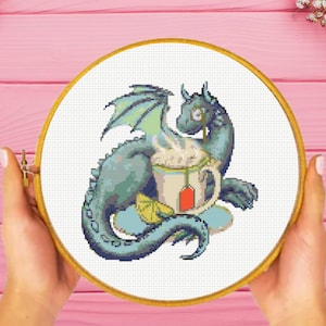 Tea Dragon Cross Stitch Pattern, Tea Cup Dragon Cross Stitch Pattern, Dragon Cross Stitch Pattern, instant download