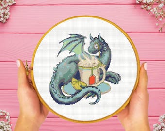 Tea Dragon Cross Stitch Pattern, Tea Cup Dragon Cross Stitch Pattern, Dragon Cross Stitch Pattern, instant download